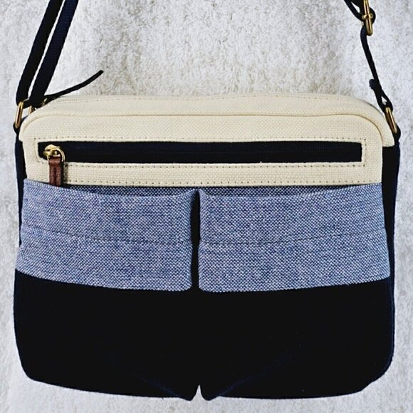 FOSSIL Navy Blue Ivory Striped Linen Crossbody Leather Accents Adjustable Strap - Picture 5 of 16